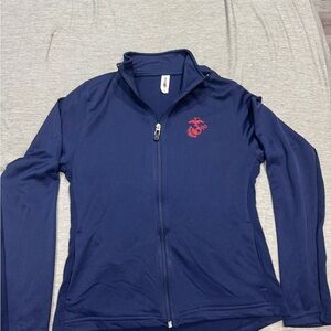 Navy Blue Zip-Up Jacket with Red Logo